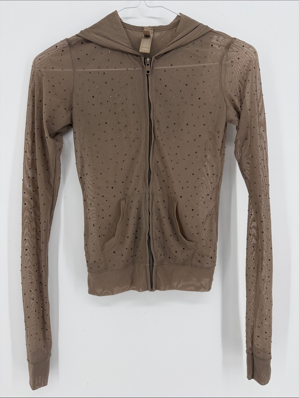 SKIMS Mesh Rhinestone Cover Up Zip Hoodie Desert XXS Sheer Sparkle